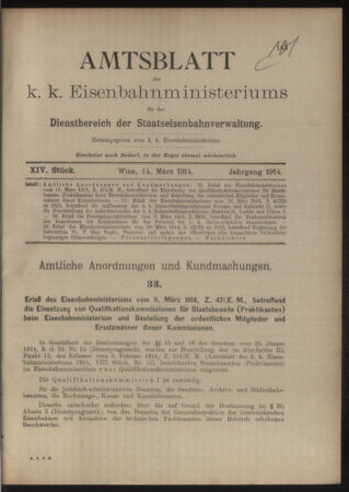 Verordnungs- und Anzeige-Blatt der k.k. General-Direction der österr. Staatsbahnen 19140314 Seite: 1