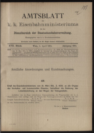 Verordnungs- und Anzeige-Blatt der k.k. General-Direction der österr. Staatsbahnen 19140404 Seite: 1