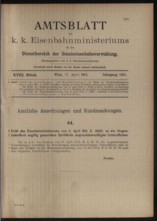 Verordnungs- und Anzeige-Blatt der k.k. General-Direction der österr. Staatsbahnen 19140411 Seite: 1