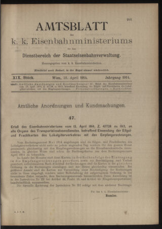 Verordnungs- und Anzeige-Blatt der k.k. General-Direction der österr. Staatsbahnen 19140418 Seite: 1