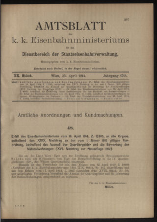 Verordnungs- und Anzeige-Blatt der k.k. General-Direction der österr. Staatsbahnen 19140425 Seite: 1