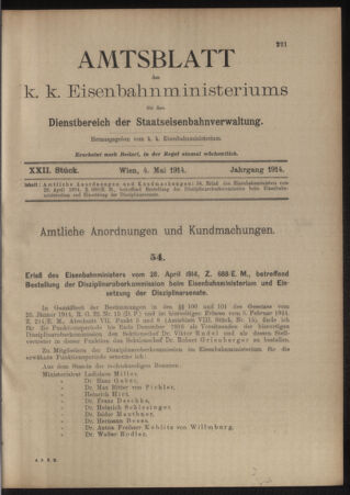 Verordnungs- und Anzeige-Blatt der k.k. General-Direction der österr. Staatsbahnen 19140504 Seite: 1