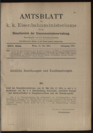 Verordnungs- und Anzeige-Blatt der k.k. General-Direction der österr. Staatsbahnen 19140530 Seite: 1