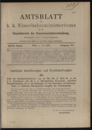 Verordnungs- und Anzeige-Blatt der k.k. General-Direction der österr. Staatsbahnen 19140606 Seite: 1