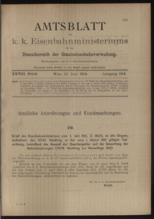 Verordnungs- und Anzeige-Blatt der k.k. General-Direction der österr. Staatsbahnen 19140613 Seite: 1