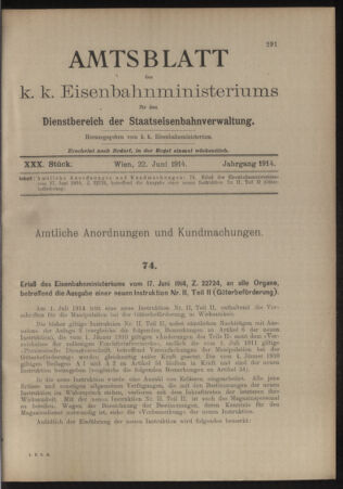 Verordnungs- und Anzeige-Blatt der k.k. General-Direction der österr. Staatsbahnen 19140622 Seite: 1