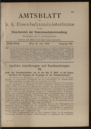 Verordnungs- und Anzeige-Blatt der k.k. General-Direction der österr. Staatsbahnen 19140627 Seite: 1