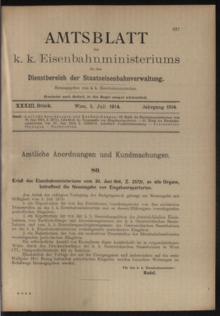 Verordnungs- und Anzeige-Blatt der k.k. General-Direction der österr. Staatsbahnen 19140704 Seite: 1