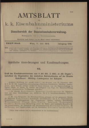 Verordnungs- und Anzeige-Blatt der k.k. General-Direction der österr. Staatsbahnen 19140711 Seite: 1