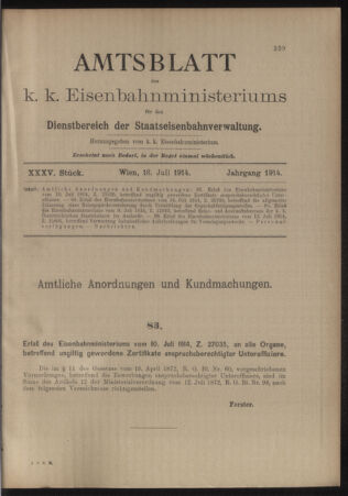 Verordnungs- und Anzeige-Blatt der k.k. General-Direction der österr. Staatsbahnen 19140718 Seite: 1