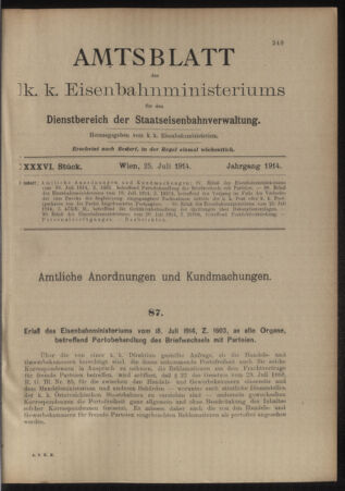 Verordnungs- und Anzeige-Blatt der k.k. General-Direction der österr. Staatsbahnen 19140725 Seite: 1