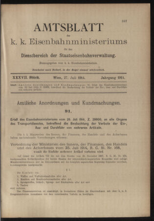 Verordnungs- und Anzeige-Blatt der k.k. General-Direction der österr. Staatsbahnen 19140727 Seite: 1