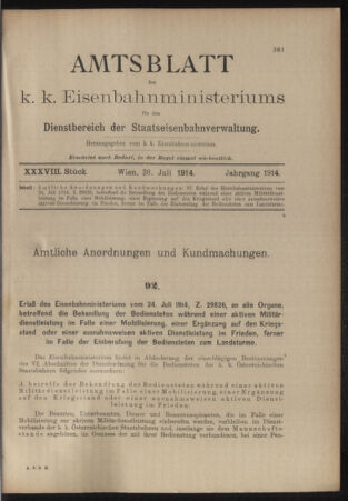 Verordnungs- und Anzeige-Blatt der k.k. General-Direction der österr. Staatsbahnen 19140728 Seite: 1