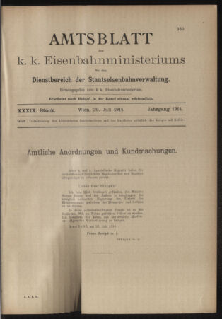 Verordnungs- und Anzeige-Blatt der k.k. General-Direction der österr. Staatsbahnen 19140729 Seite: 1