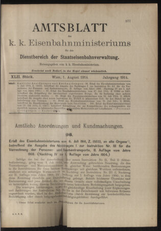 Verordnungs- und Anzeige-Blatt der k.k. General-Direction der österr. Staatsbahnen 19140801 Seite: 1