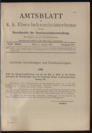 Verordnungs- und Anzeige-Blatt der k.k. General-Direction der österr. Staatsbahnen 19140805 Seite: 1