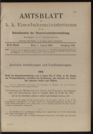 Verordnungs- und Anzeige-Blatt der k.k. General-Direction der österr. Staatsbahnen 19140808 Seite: 1