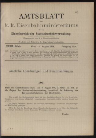 Verordnungs- und Anzeige-Blatt der k.k. General-Direction der österr. Staatsbahnen 19140814 Seite: 1