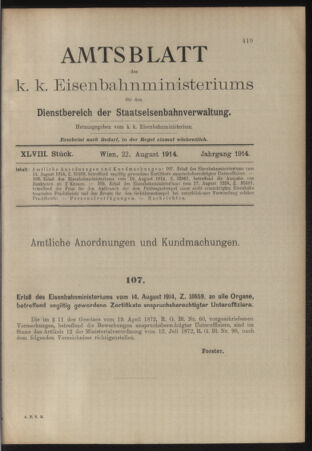 Verordnungs- und Anzeige-Blatt der k.k. General-Direction der österr. Staatsbahnen 19140822 Seite: 1