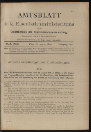 Verordnungs- und Anzeige-Blatt der k.k. General-Direction der österr. Staatsbahnen 19140828 Seite: 1