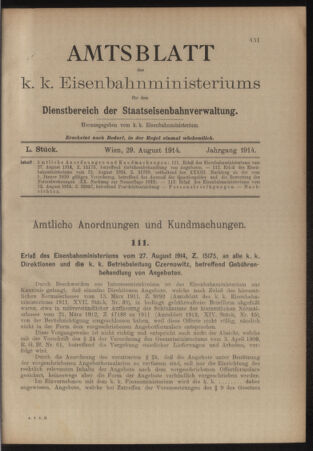 Verordnungs- und Anzeige-Blatt der k.k. General-Direction der österr. Staatsbahnen 19140829 Seite: 1