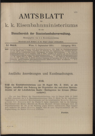 Verordnungs- und Anzeige-Blatt der k.k. General-Direction der österr. Staatsbahnen 19140905 Seite: 1