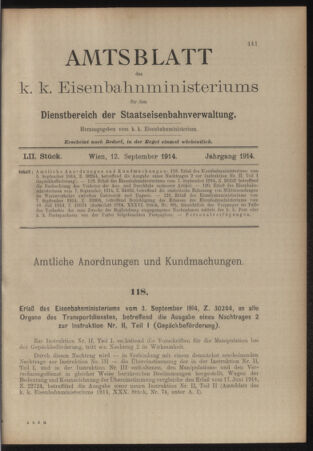 Verordnungs- und Anzeige-Blatt der k.k. General-Direction der österr. Staatsbahnen 19140912 Seite: 1