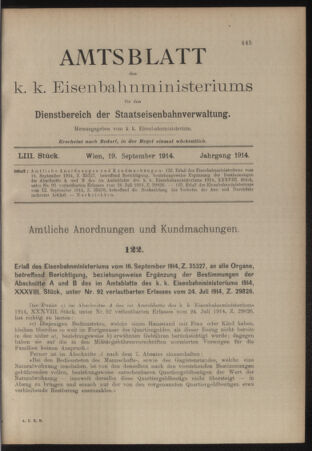 Verordnungs- und Anzeige-Blatt der k.k. General-Direction der österr. Staatsbahnen 19140919 Seite: 1