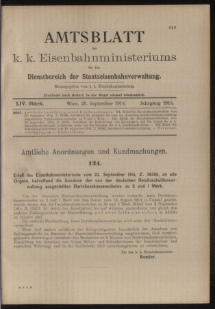 Verordnungs- und Anzeige-Blatt der k.k. General-Direction der österr. Staatsbahnen 19140926 Seite: 1