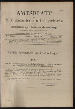 Verordnungs- und Anzeige-Blatt der k.k. General-Direction der österr. Staatsbahnen 19141003 Seite: 1