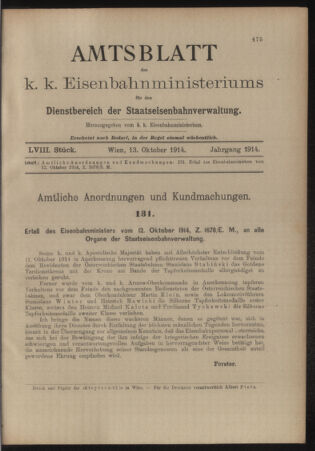 Verordnungs- und Anzeige-Blatt der k.k. General-Direction der österr. Staatsbahnen 19141013 Seite: 1