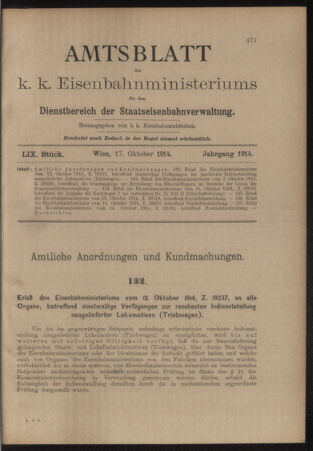 Verordnungs- und Anzeige-Blatt der k.k. General-Direction der österr. Staatsbahnen 19141017 Seite: 1