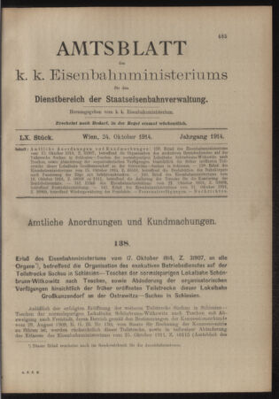 Verordnungs- und Anzeige-Blatt der k.k. General-Direction der österr. Staatsbahnen 19141024 Seite: 1