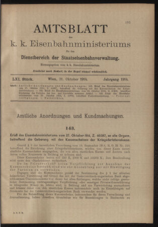 Verordnungs- und Anzeige-Blatt der k.k. General-Direction der österr. Staatsbahnen 19141031 Seite: 1