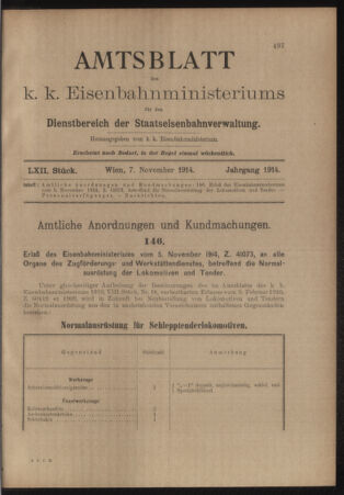 Verordnungs- und Anzeige-Blatt der k.k. General-Direction der österr. Staatsbahnen 19141107 Seite: 1