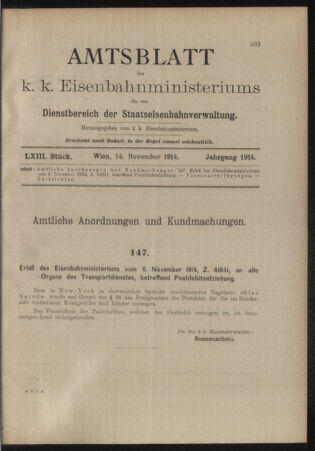 Verordnungs- und Anzeige-Blatt der k.k. General-Direction der österr. Staatsbahnen 19141114 Seite: 1