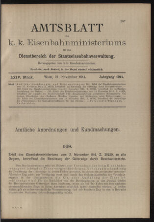 Verordnungs- und Anzeige-Blatt der k.k. General-Direction der österr. Staatsbahnen 19141121 Seite: 1