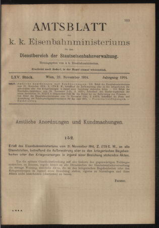 Verordnungs- und Anzeige-Blatt der k.k. General-Direction der österr. Staatsbahnen 19141128 Seite: 1