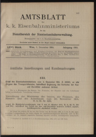 Verordnungs- und Anzeige-Blatt der k.k. General-Direction der österr. Staatsbahnen 19141205 Seite: 1