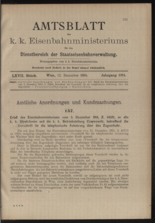 Verordnungs- und Anzeige-Blatt der k.k. General-Direction der österr. Staatsbahnen 19141212 Seite: 1