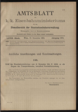 Verordnungs- und Anzeige-Blatt der k.k. General-Direction der österr. Staatsbahnen 19141219 Seite: 1