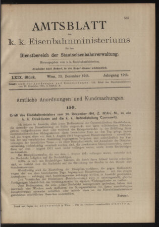 Verordnungs- und Anzeige-Blatt der k.k. General-Direction der österr. Staatsbahnen 19141223 Seite: 1