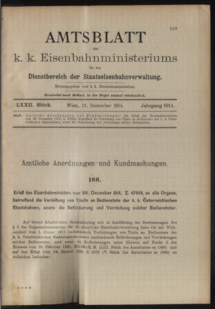 Verordnungs- und Anzeige-Blatt der k.k. General-Direction der österr. Staatsbahnen 19141231 Seite: 1