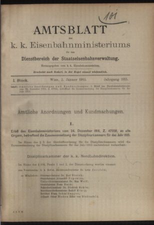 Verordnungs- und Anzeige-Blatt der k.k. General-Direction der österr. Staatsbahnen 19150102 Seite: 1