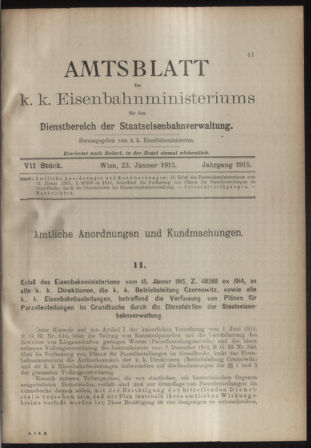 Verordnungs- und Anzeige-Blatt der k.k. General-Direction der österr. Staatsbahnen 19150123 Seite: 1