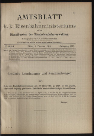 Verordnungs- und Anzeige-Blatt der k.k. General-Direction der österr. Staatsbahnen 19150206 Seite: 1