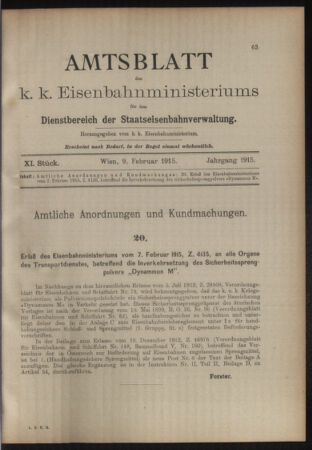 Verordnungs- und Anzeige-Blatt der k.k. General-Direction der österr. Staatsbahnen 19150209 Seite: 1