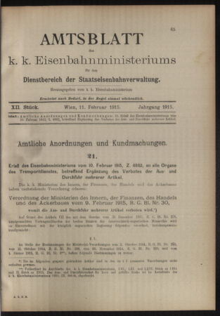 Verordnungs- und Anzeige-Blatt der k.k. General-Direction der österr. Staatsbahnen 19150211 Seite: 1