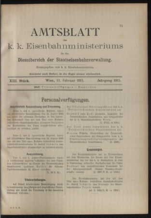 Verordnungs- und Anzeige-Blatt der k.k. General-Direction der österr. Staatsbahnen 19150213 Seite: 1