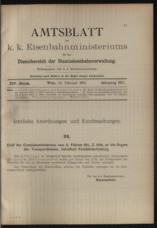 Verordnungs- und Anzeige-Blatt der k.k. General-Direction der österr. Staatsbahnen 19150220 Seite: 1